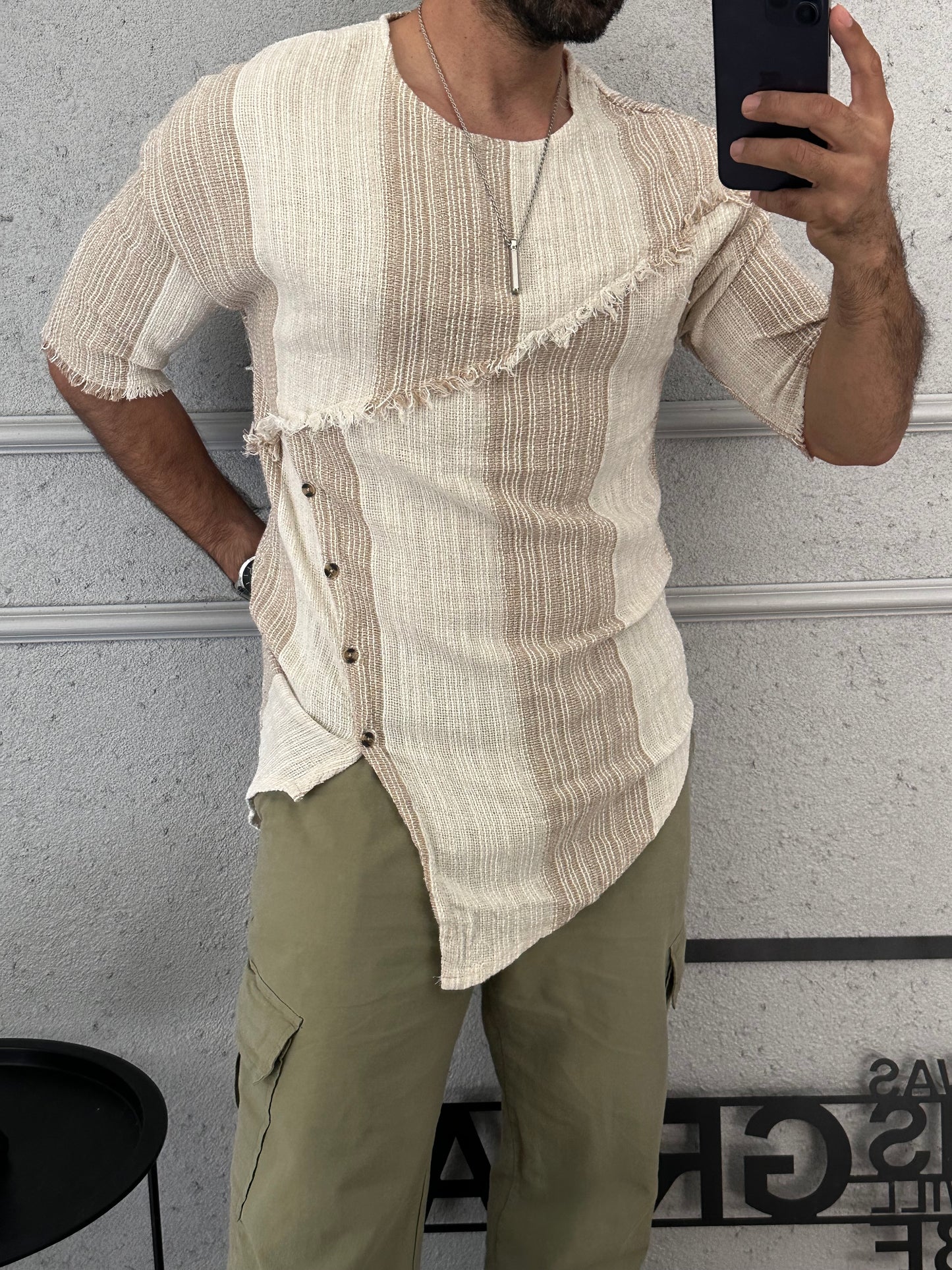 Asimetrik kesim ham keten tshirt