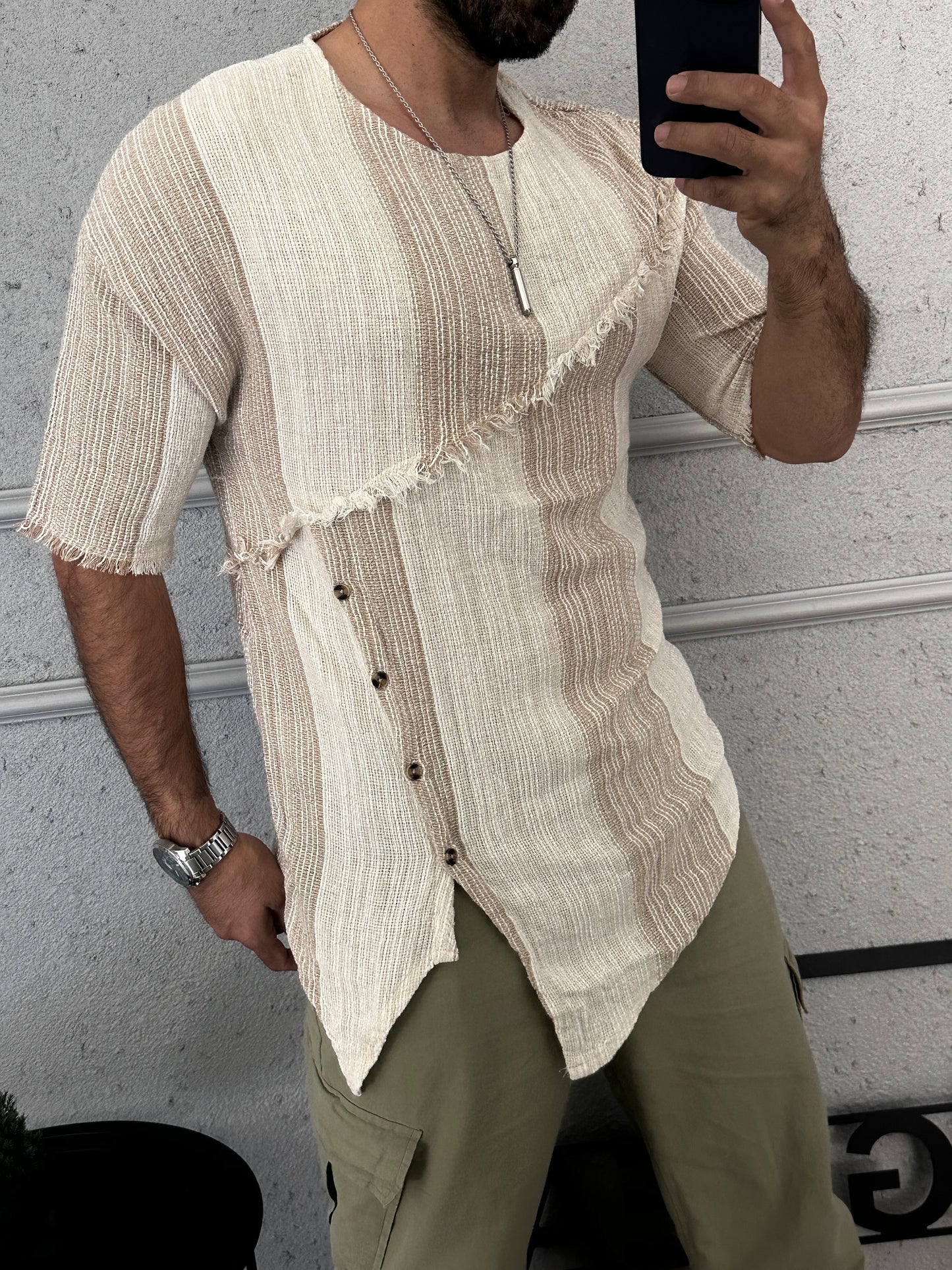 Asimetrik kesim ham keten tshirt