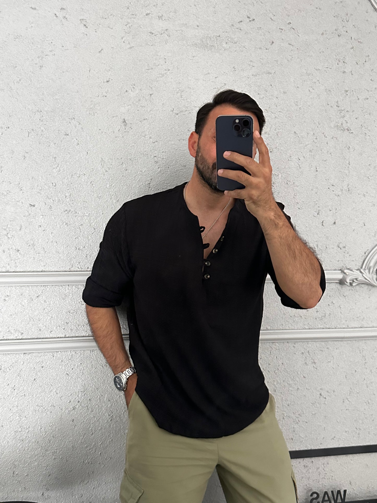 Patlı yakasız gömlek %65 pamuk %35 likra