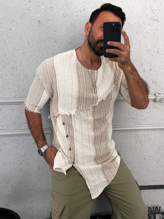 Asimetrik kesim ham keten tshirt